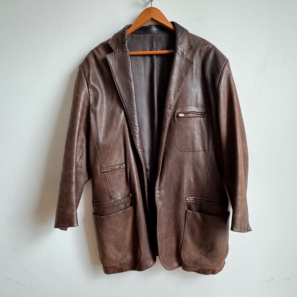 Men's Dark Brown Open Leather Blazer